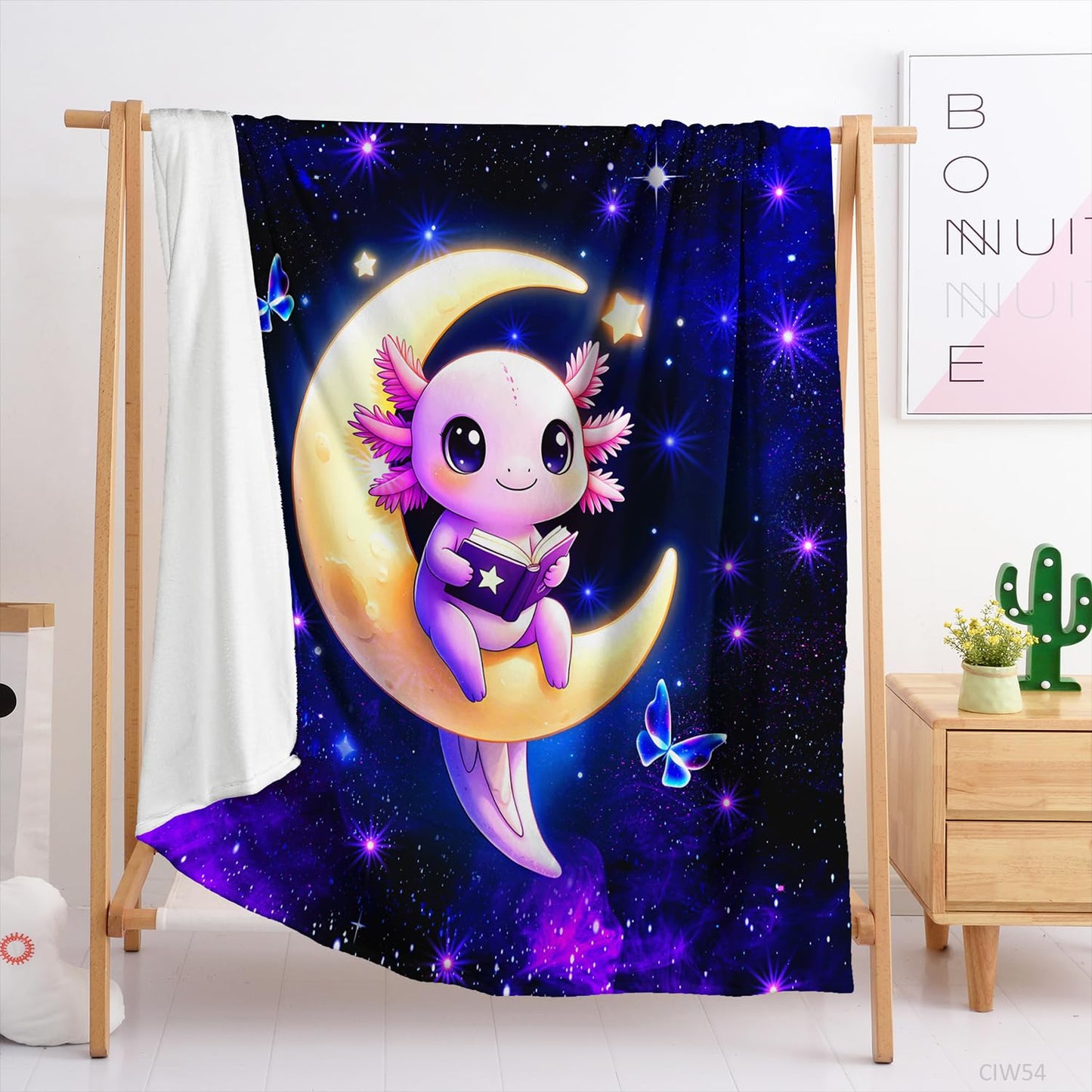 HOSIMA Kawaii Axolotl Blanket for Kids,Axolotl Sitting on Moon Reading Book,Butterflies Pattern Aesthetic Flannel Galaxy Blanket for Girls Sofa Bedroom Decor,59L*47W.