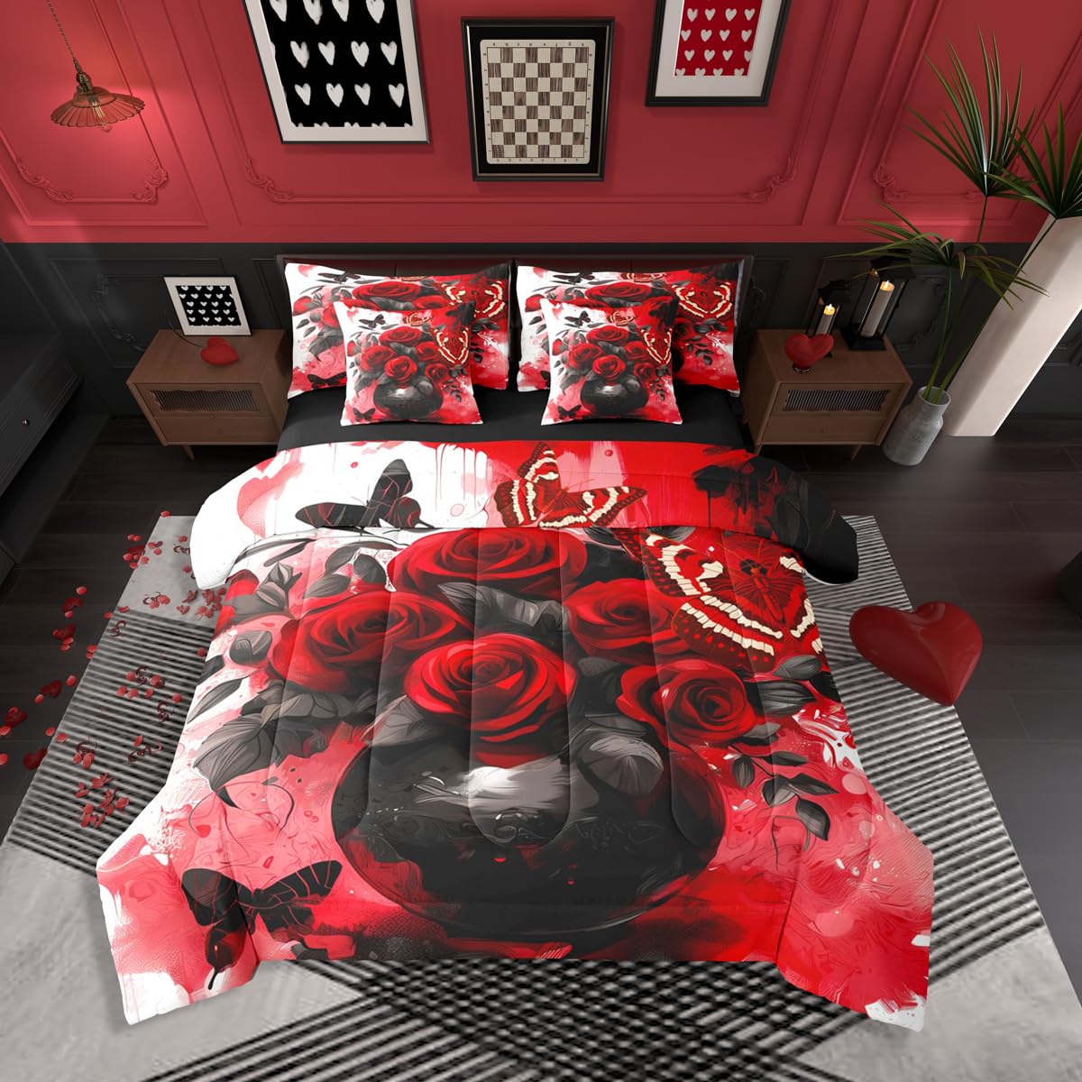 Erosebridal Red Rose Queen Comforter Set with Sheets 7 Piece Grey Retro Couple Rose Bed in A Bag Valentine Day Gift Bedding Sets for Women Men Adults,Romantic Floral Butterfly Bed Set