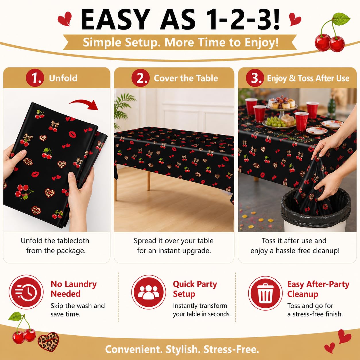 3Pcs 54 x 108 Inch Cheetah Cherry Tablecloths,Red Black Leopard Print Disposable Plastic Table Covers with Red Lips, Waterproof Party Table Cloths for Birthday, Baby Shower, Wedding, Party Decorations