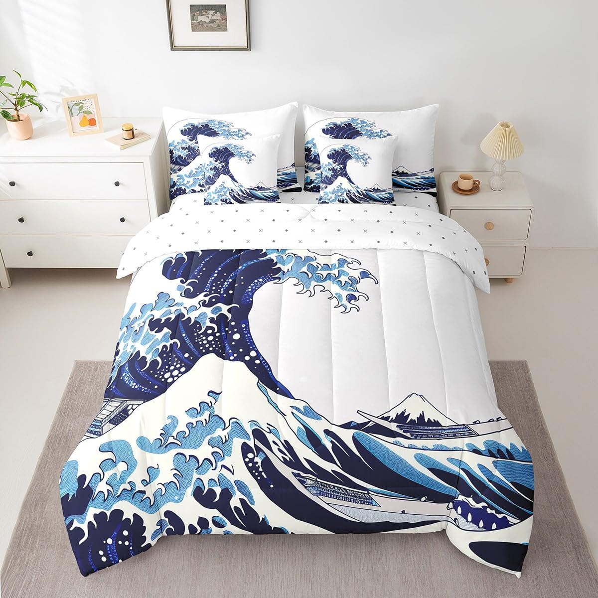 Erosebridal 7 Pcs Japanese Style Comforter Set Twin Sea Ocean Waves Bedding Sets for Men Women Adults Japanese-Style Hand Drawn Quilt with Flat Fitted Sheet Illustration Ukiyoe Themed Bed in A Bag