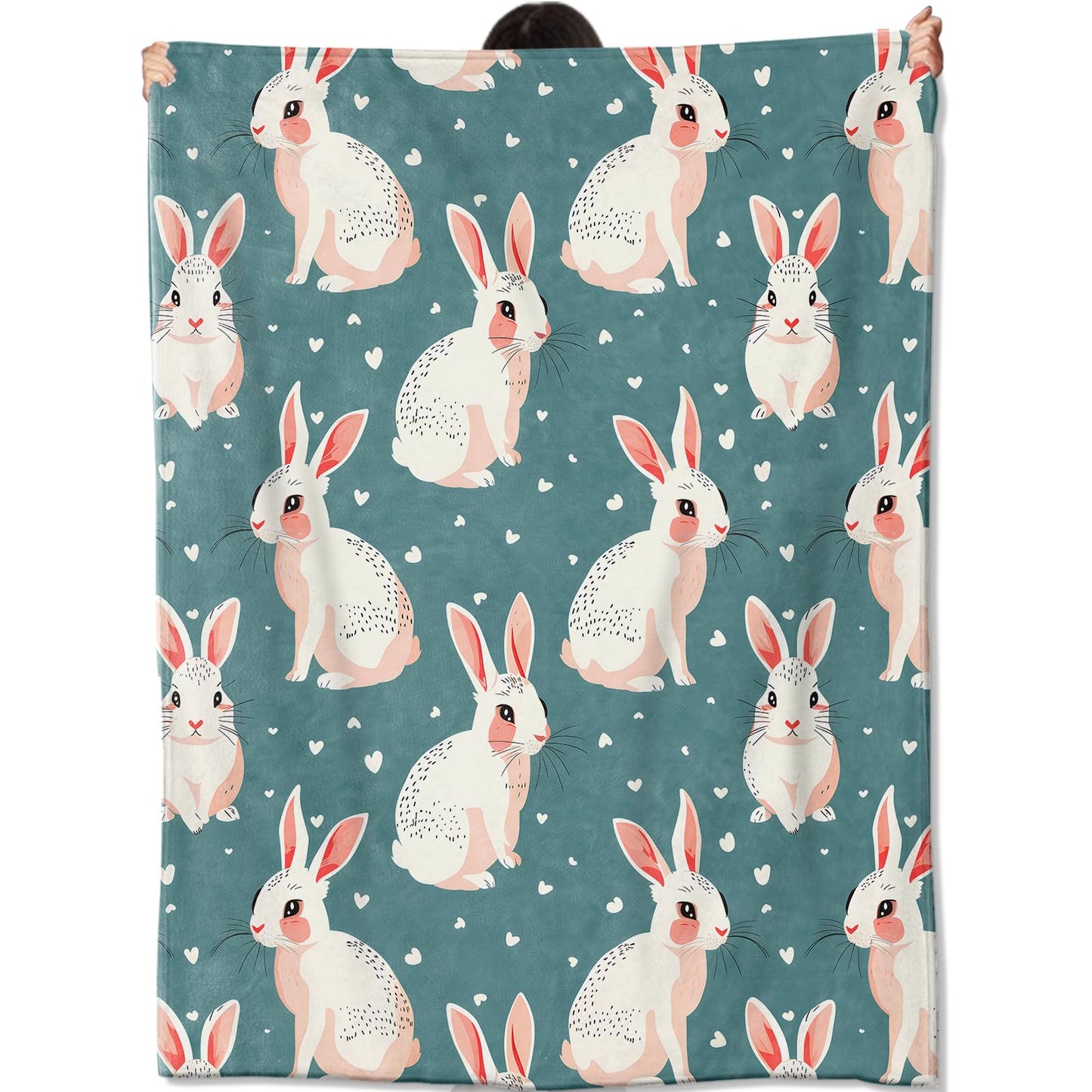 amepay Cute White Bunny Blanket Gifts for Kids Women Adult Girls,Cartoon Rabbit Teal Throw Blankets,Soft Comfy Lightweight for Home Couch Bed Sofa Modern Decor 50x60in