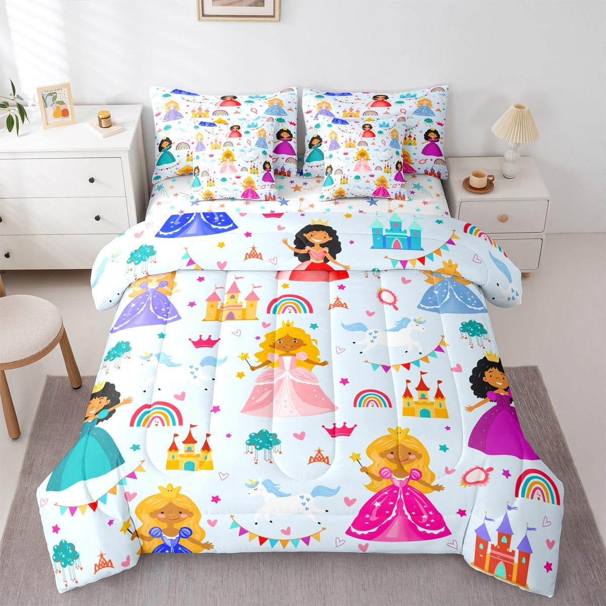 jejeloiu Cute Princess 7 Piece Bedding Set Twin Size Girly Loves Bed in a Bag for Boys Girls Bedroom Decor Pale Blue Clound Rainbow Comforter Set with Sheets,Pillowcases & Cushion Cover Castle Soft