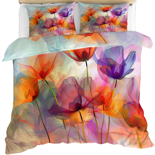 QINYUN Poppy Comforter Set Oversized King, Colorful Flower Bedding Set 3 Piece, Watercolor Flower Comforter Cover and 2 Pillow Sham with Zipper Closure