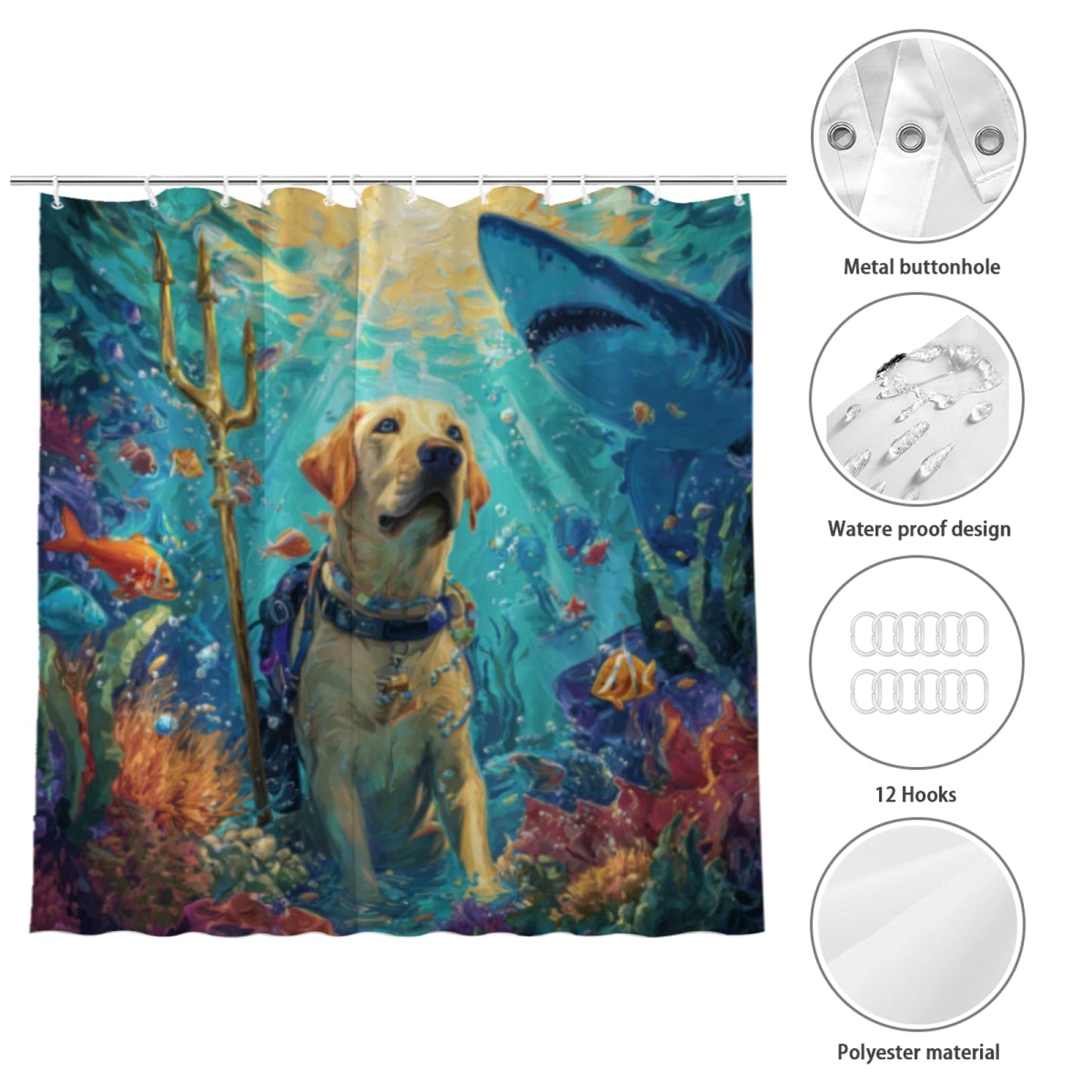 Wordatu Cute Labrador Retriever Shower Curtain for Bathroom Decor Ocean Shark Funny Animal and Child Fabric Waterproof Polyester 12 Hooks 72x72 Inches