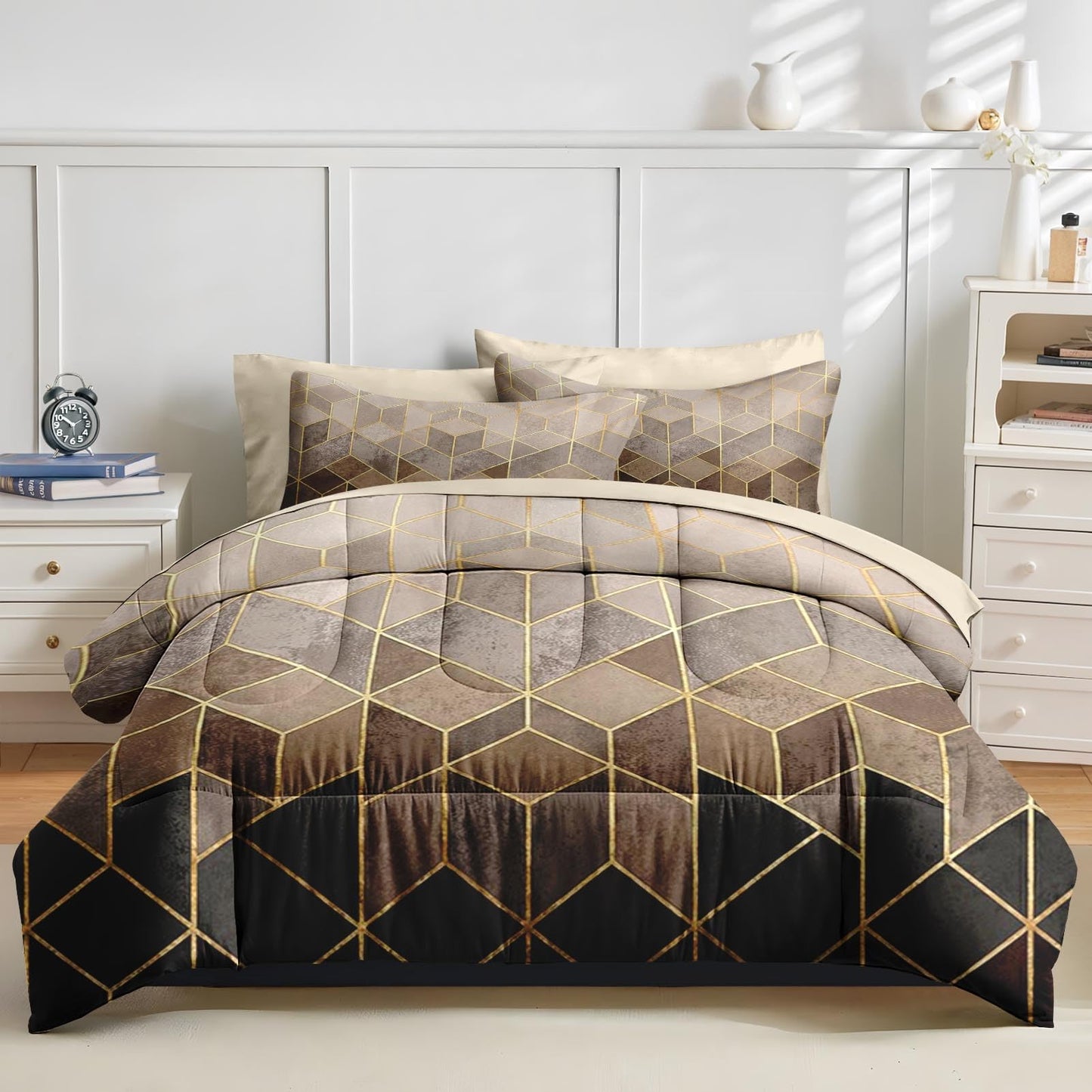 Nesker Comforter Set Queen Size, Black Golden Gradient Cubic 7 Pcs Bedding for Kids and Adults, Brown Modern Geometric Bed Sheet Sets with Fitted Sheet 2 Pillowcases & 2 Shams