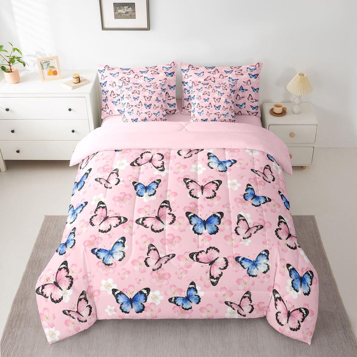 Erosebridal Watercolor Cute Butterflies 7 Piece Bedding Set Twin 3D Pink Flower Print Comforter Set with Sheets Floral Leaves Bed in a Bag Cherry Blossom Bed Sets Comforter