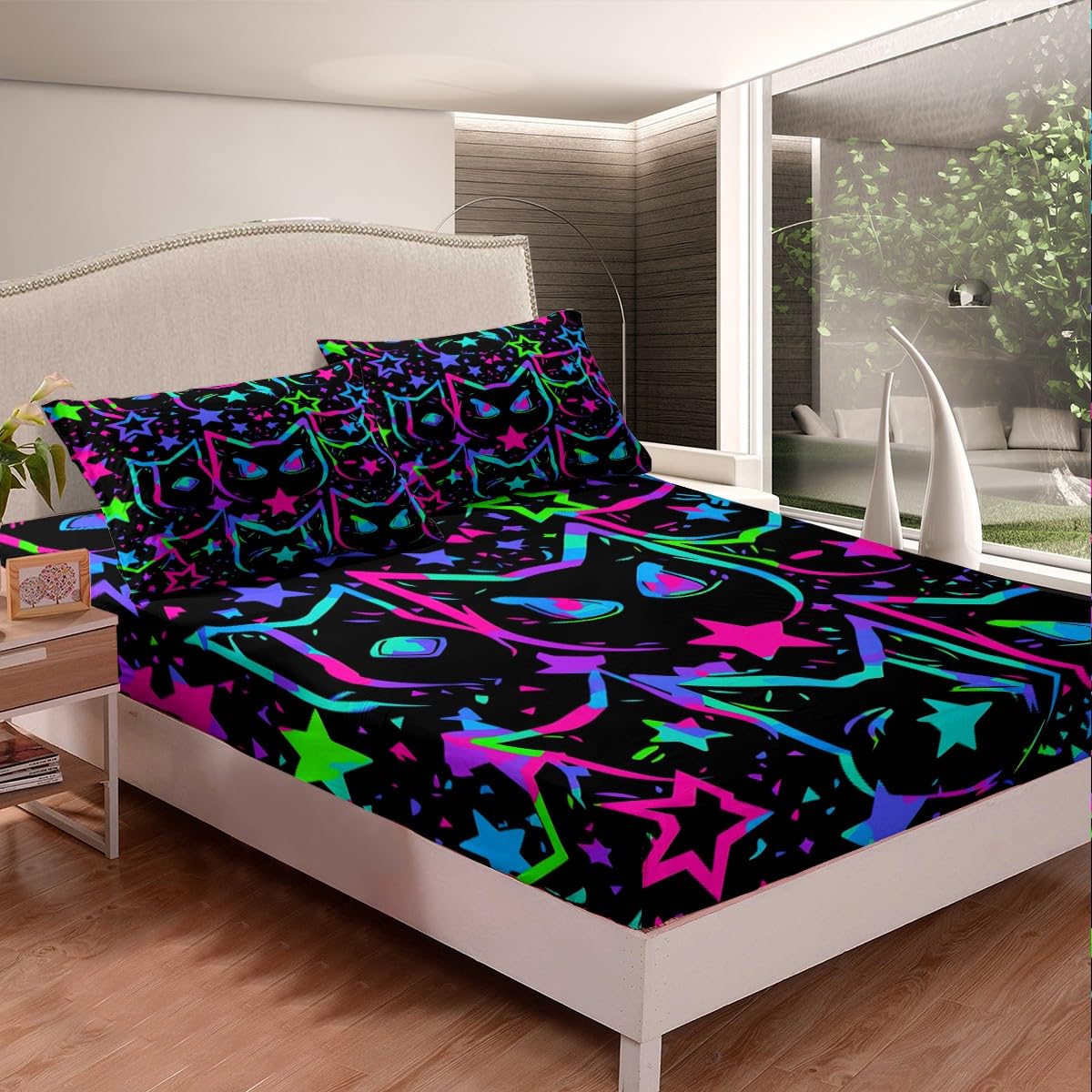 Erosebridal Cartoon Cat Sheet Set, Black Cat Bed Sheets Set for Kids Girls Boys Teens, Ombre Glowing Neon Stars Sheets, Kawaii Kitten Flat Fitted Sheet, Gradient Galaxy Bed Set All Season, Full 4Pcs