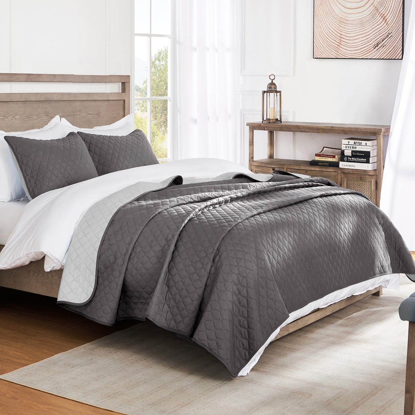 Exclusivo Mezcla Reversible King Size Quilt Bedding Set with Pillow Shams, Lightweight Quilts King Size, Soft Bedspreads Bed Coverlets for All Seasons - (Grey, 104"x96")