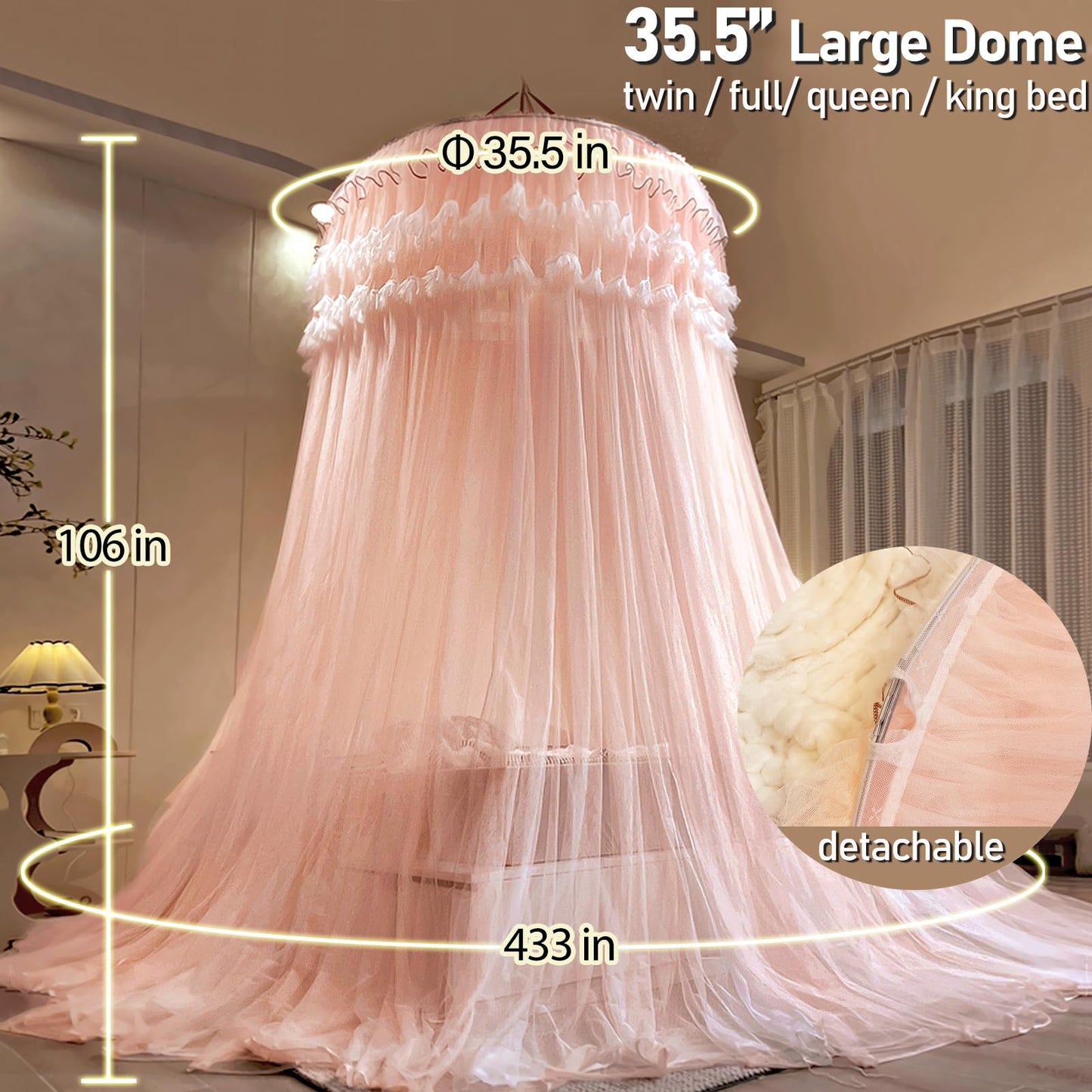 Kertnic Dreamy Bed Canopy for Girls, Princess Canopy Curtains Double Layer Sheer Mesh, Adults Canopies Netting Room Decor Tent Mosquito Net for Queen King Bed (Double Layer-Beige Pink)