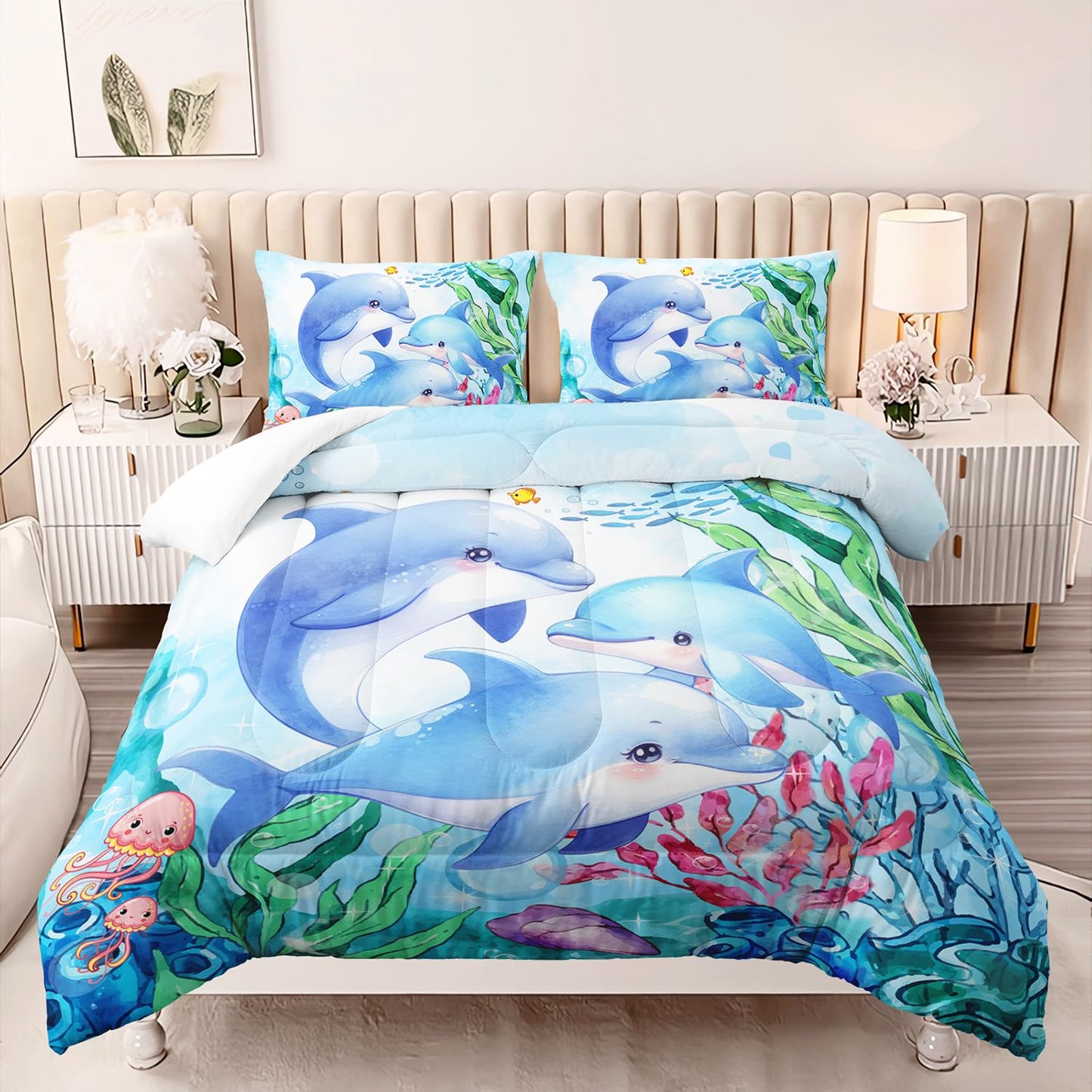 XYNHML Dolphins Animal Aqua Blue Green Sea Comforter 3pcs Full Kids Coral Jellyfish Comforter Set for Boys Girls Ocean Waves Bedding Fish Quilt Bed Set with 1 Comforter and 2 Pillowcases