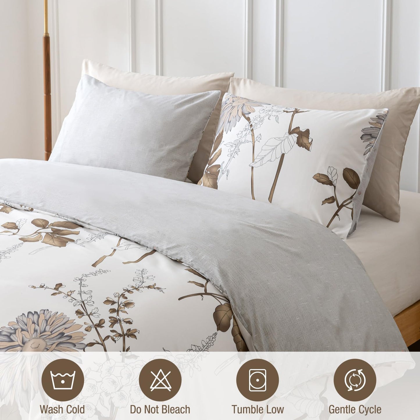 Lekesky Duvet Cover King Size, Reversible Dahlia Floral Duvet Cover Set, Soft Microfiber Off White Bedding Duvet Cover Sets with Zipper Closure (1 Duvet Cover 104"x90", 2 Pillowcases 20"x36")