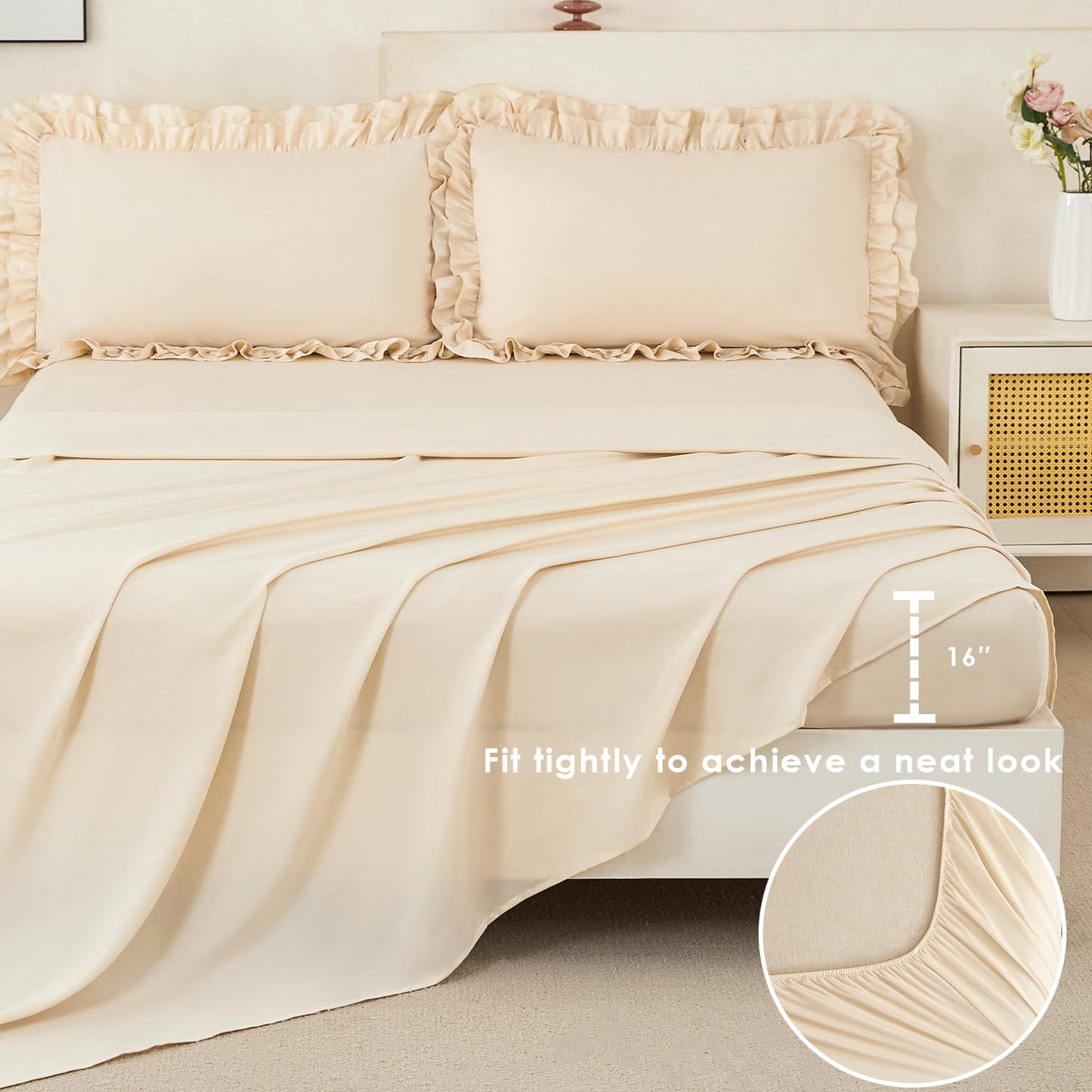 PERFEMET Queen Size Ruffled Comforter Set Beige 5 Pieces Ruffle Bedding Set Boho Comforter All Season Soft Microfiber Shabby Chic Bed in A Bag Women Men (Beige, Queen)