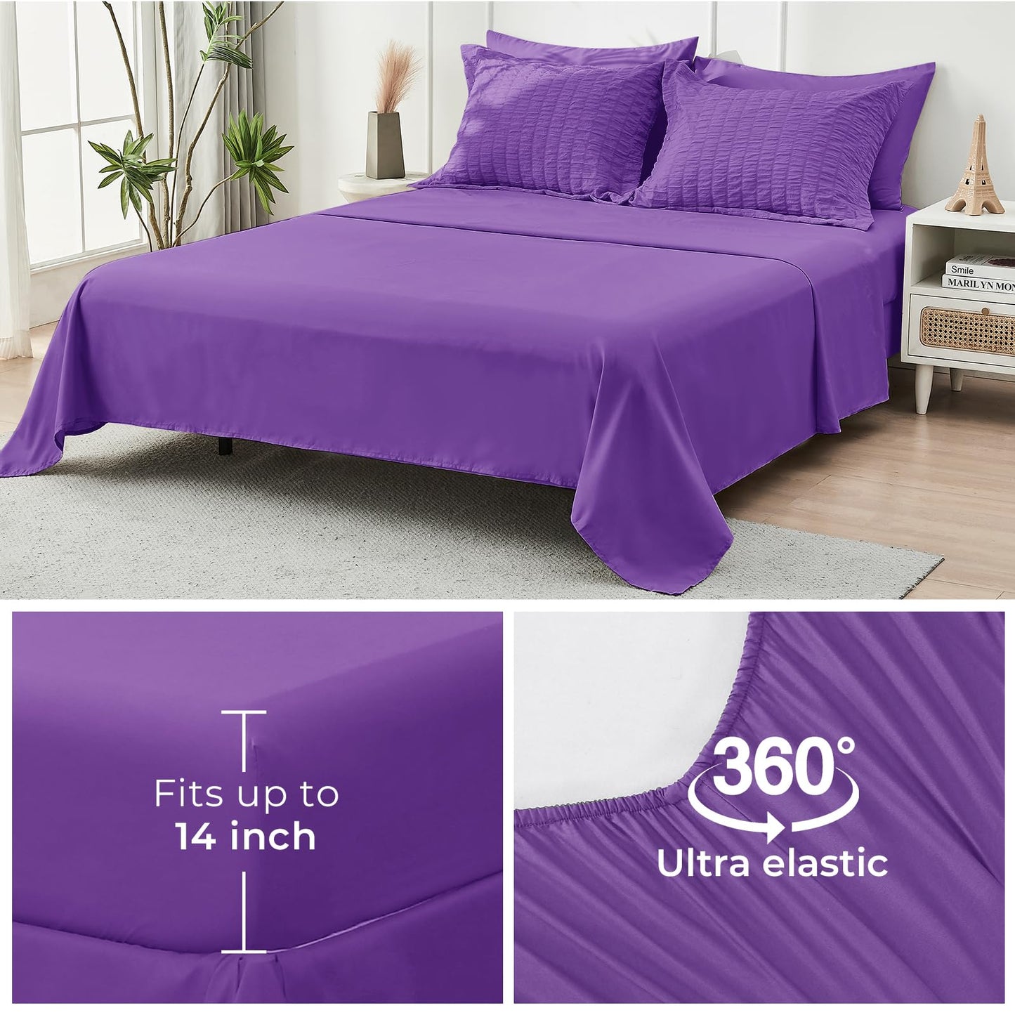 HYMOKEGE Bright Purple Twin Comforter Set Seersucker 5 Pieces, All Season Luxury Bed in a Bag for Bedroom, Bedding Set with Comforter, Sheets, Pillowcase & Sham
