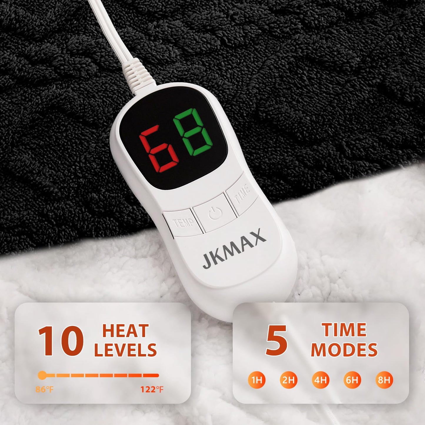 JKMAX Heated Electric Blanket Full Size-72"x84" Heating Blanket with 10 Heating Levels & 5 Time Settings Over-Heat Protection，Winter Warmer for Adults with ETL Certification（Black）