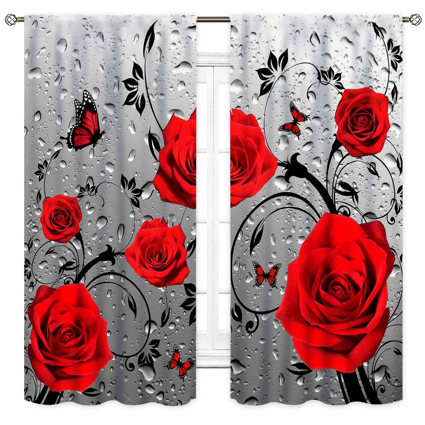 Red Rose Floral Curtains, Modern Abstract Romantic Flower Valentine's Day Romance Raindrops Gray Window Drapery Treatments for Woman Girls Bedroom Living Room Apartment Bathroom 2 Panels, 42"x45" Inch