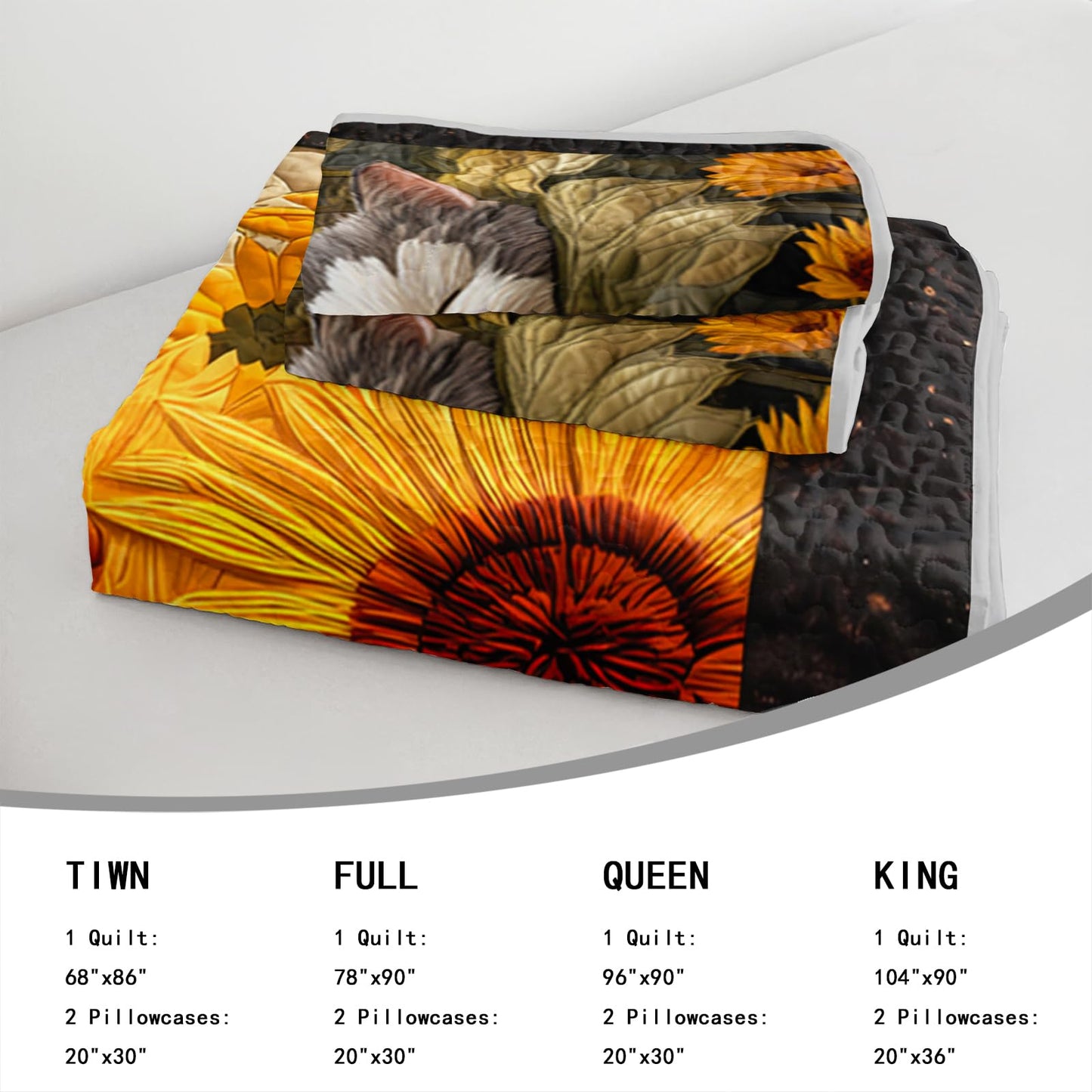 AILONEN Cat Quilt Set Queen Size for Kids Girls - 3-Piece Yellow Sunflower Bedspread Cartoon Cat Coverlet,Lovely Pet Animal Printed Quilt,2 Pillowcases