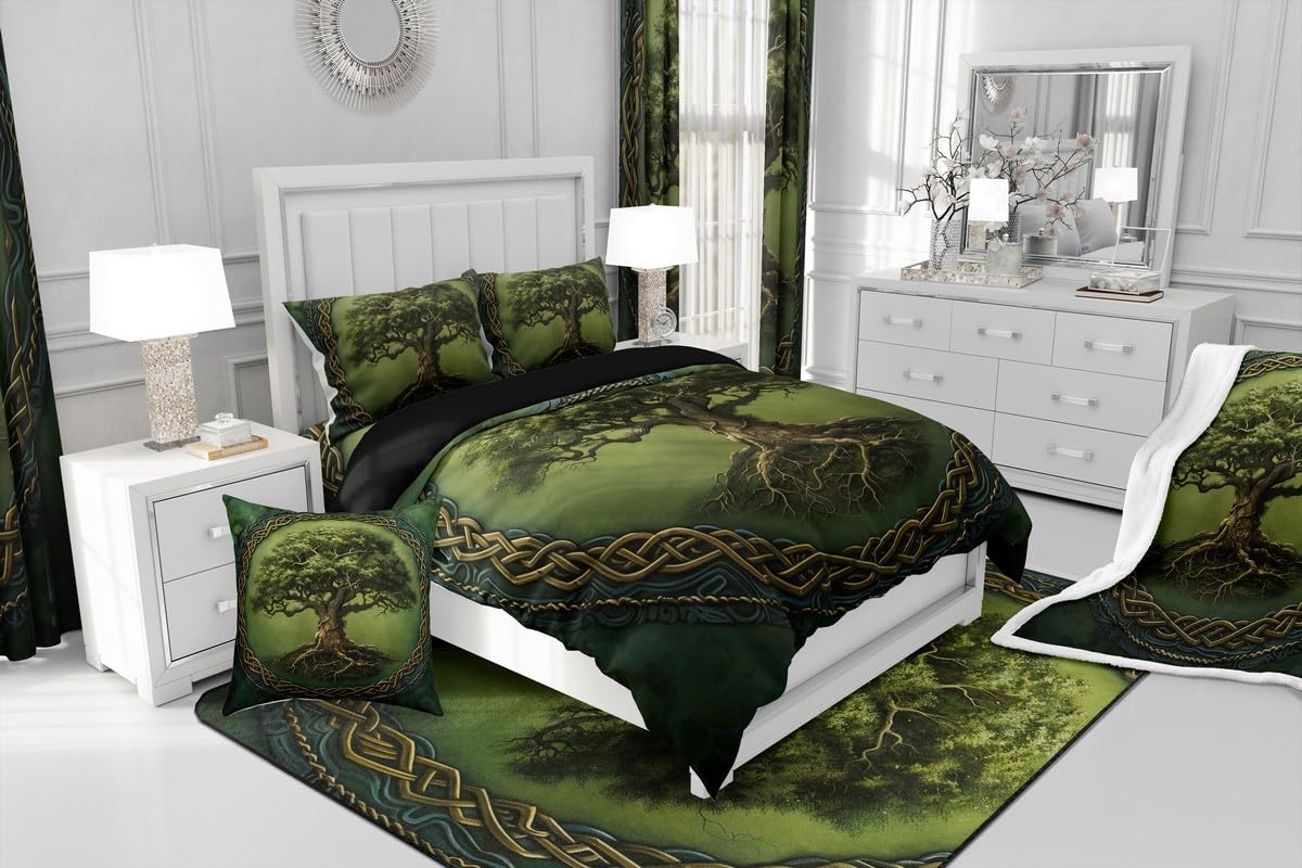 Tree of Life Teens Comforter Set,Boho Tribal Tree Branches Mystic Green Bedding Set All Season,Exotic Style Geometric Circle Mandala Comforter 3 Pcs with 2 Pillowcases,Queen Size
