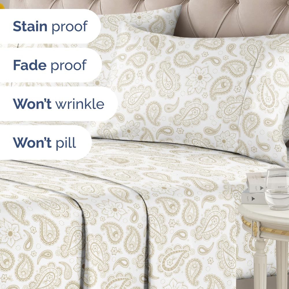 Floral Sheets - Paisley Bed Sheet Set - 1 Flat, 1 Fitted & 2 Pillowcases w/ Deep Pockets - Comfy, Cozy, Wrinkle & Fade Free - Boho Botanical Bedding - Ultra-Soft, Breathable & Cooling - King Size