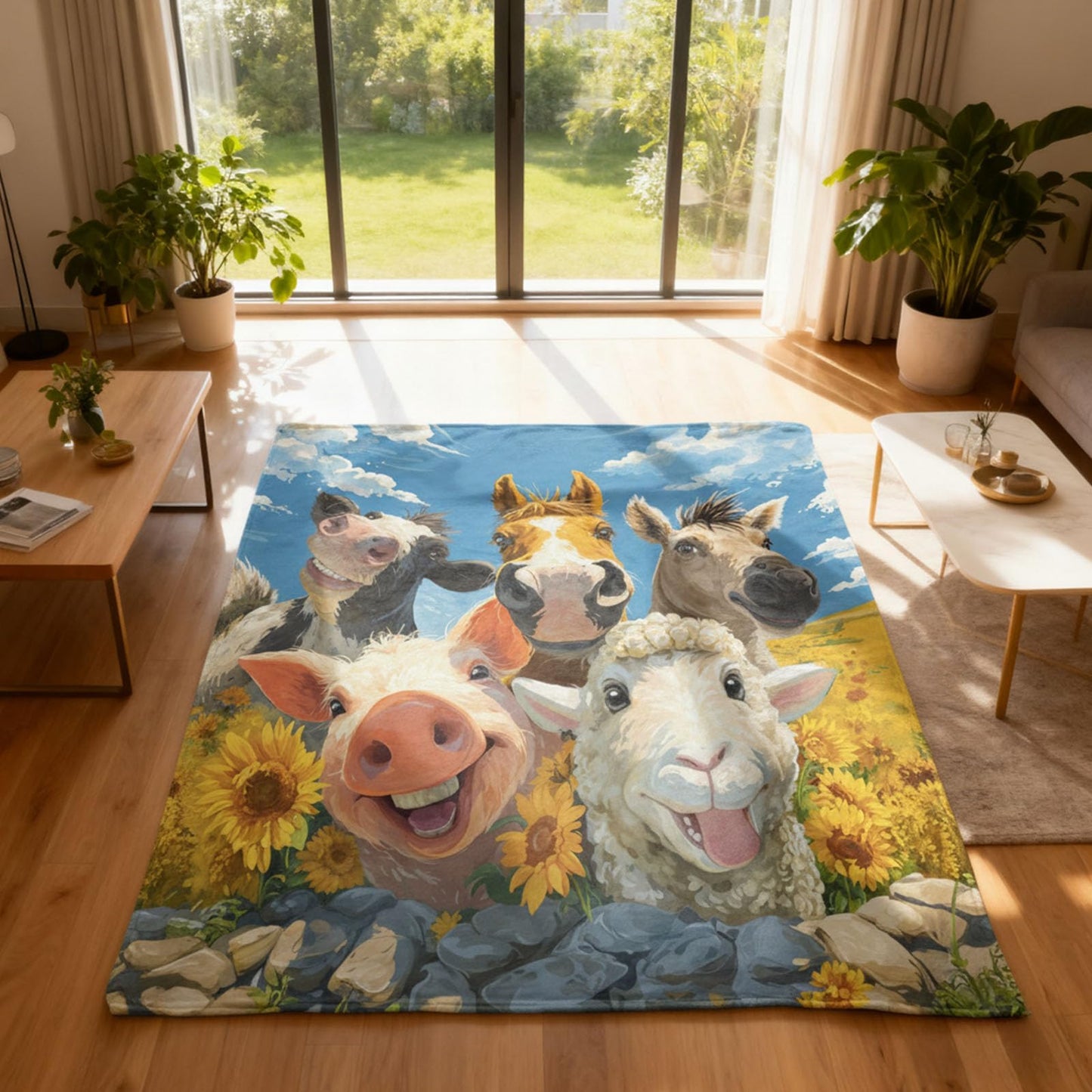 kampdream Funny Animal and Sunflower Flannel Blanket Throw, Super Soft Cozy Nap Blanket with Cute Cartoon Animal for Sofa Travel and Camping, for All Seasons 50"x60" inch Cow Sheep Horse
