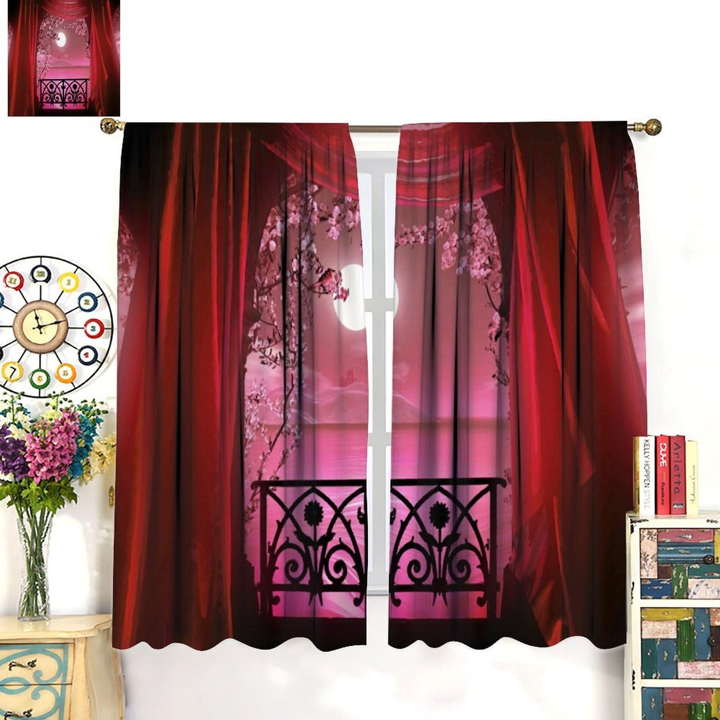 YCness Gothic Window Curtains, Retro Palace Architecture White Flowers Horror Atmosphere Calm Lake Scenery Window Treatments for Kitchen Bedroom Living Room 2 Panels Red Drapes 42x45 Inch