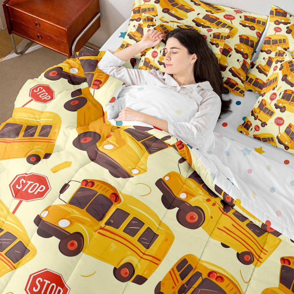 Erosebridal School Bus Twin 7 Pieces Bedding Set for Kids, Cartoon Truck Bed in A Bag for Boys Girls Teens Youth Bedroom Decor, School Theme Comforter Set with Sheets, Yellow Vehicle Bed Sets