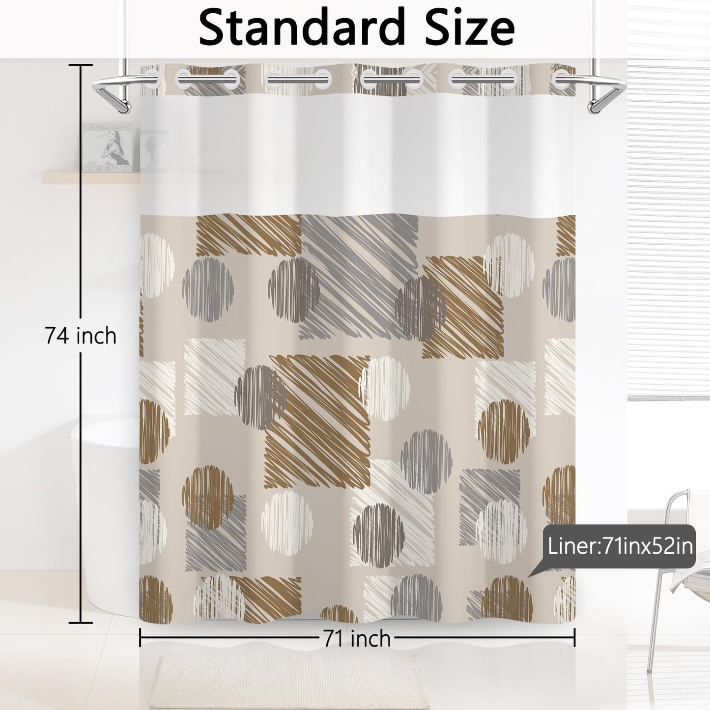 NAEMBCU No Hook Shower Curtain with Snap in Liner, 71x74 Inch