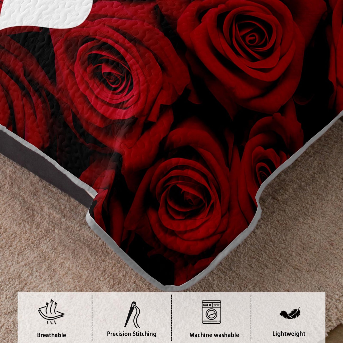 AILONEN Red Rose Bedding Quilt Set King Size - Red & White Flower Bedspread Coverlet Soft Lightweight - 3 Pieces Romantic Hearts Lover Quilt & 2 Pillowcases