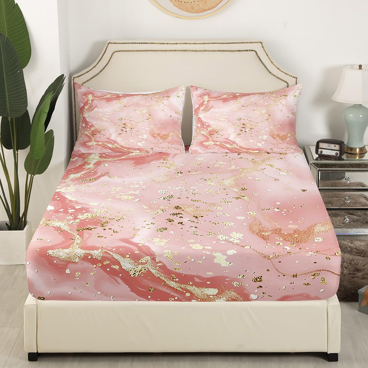 Manfei Marble Texture Fitted Sheet Pink Marble Pattern Golden Sequins Print Bedding 2pcs Microfiber Bed Sheet Set (1 Fitted Sheet + 1 Pillow Case) Twin Size