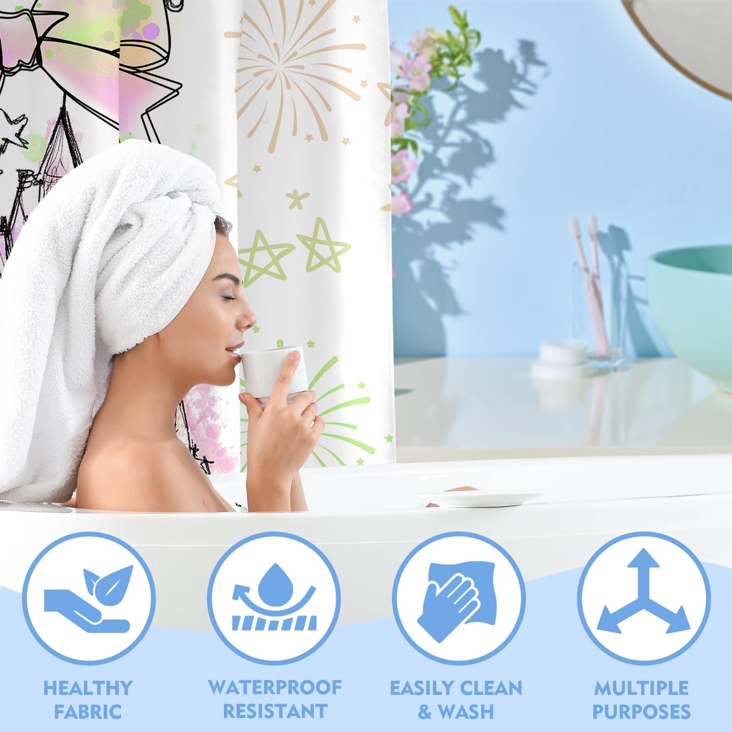 Vehcimbev Cartoon Castle Shower Curtain Fireworks and Bowknot for Girl Bathroom Decor Waterproof Curtain with Hooks for Bathrooms Shower Fabric Showers Curtains Set 72x72Inch