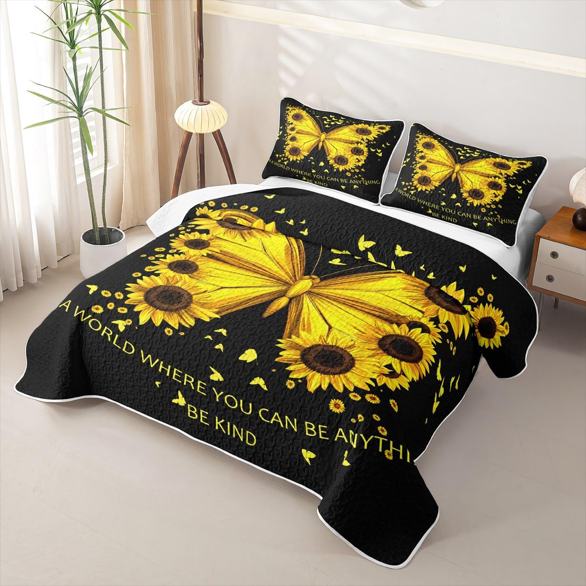 Erosebridal Girl Sunflower Quilt Set Women Butterfly Quilt Full Blossom Floral Quilted Bedspread Rustic Farmhouse Bedding Coverlet with 2 Pillowcases