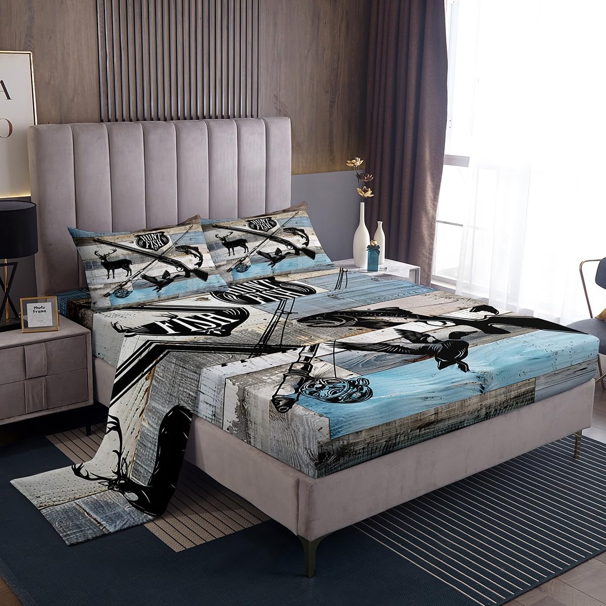 Castle Fairy Hunt Fish Fitted Sheet Full Size 4pcs,Deer Bird Fish Animal Hunting,Bedding Sets(1 Fitted, 1 Flat, 2 Pillowcases) Rustic Retro Wooden Board Luxury Deep Pocket Bed Sheet Set, Polyester