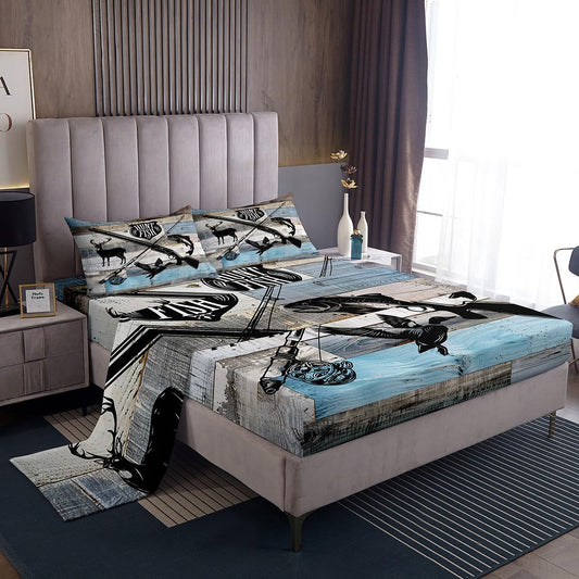 Castle Fairy Hunt Fish Fitted Sheet Full Size 4pcs,Deer Bird Fish Animal Hunting,Bedding Sets(1 Fitted, 1 Flat, 2 Pillowcases) Rustic Retro Wooden Board Luxury Deep Pocket Bed Sheet Set, Polyester
