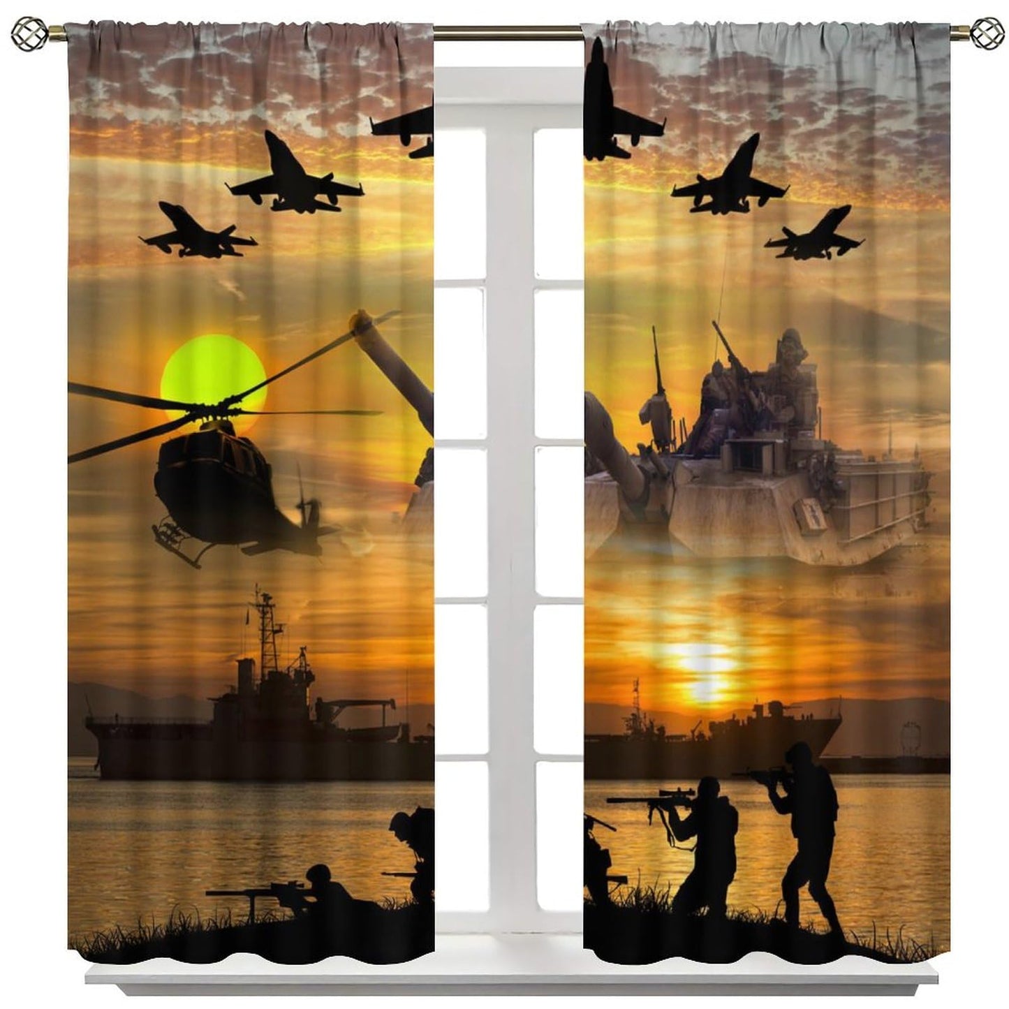 FBMLBRB Brebasf Cool American Soldier Theme Blackout Curtains for Bedroom,Rustic Teen Room Decor Fighter Aircraft Print Room Darkening Window Curtains with Rod Pocket - 2 Panels 45" L x 21" W