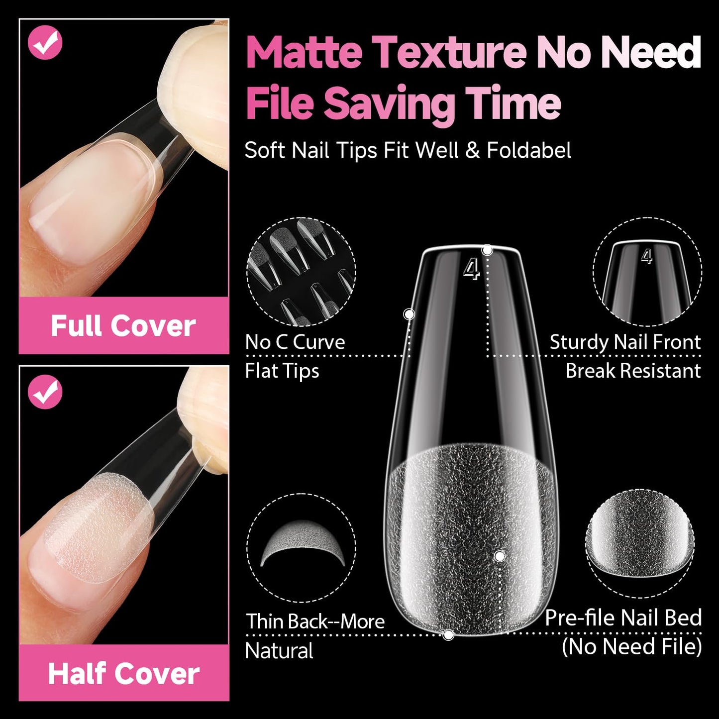 UNA GELLA Medium Coffin Nails Tips 312Pcs Pre-Etched Gel Nail Tips Coffin Press On Nails Clear Full Cover for Nail Extensions & DIY Art Salon at Home, Long Lasting 12 Sizes