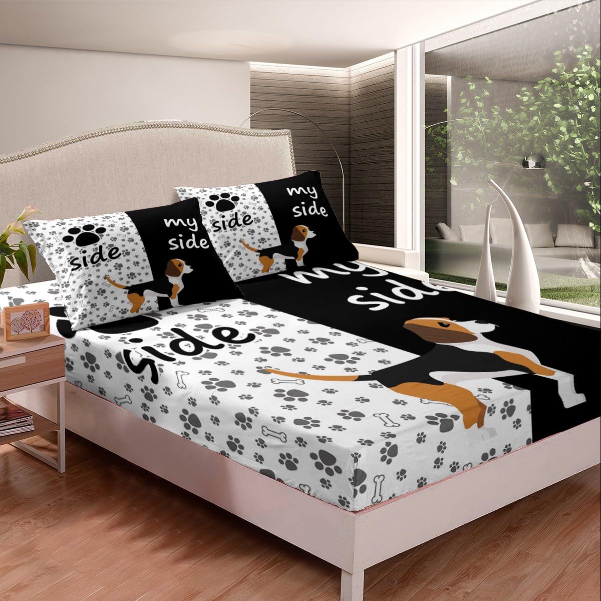 Erosebridal Lovely Dog Paw Bed Sheet Full,Cute Puppy Bones Sheet Set for Kids Boys Girls,Black and White Animal Bedding Set Bedroom Decor,Dog Side My Side Fitted Sheet + Flat Sheet + 2 Pillowcases
