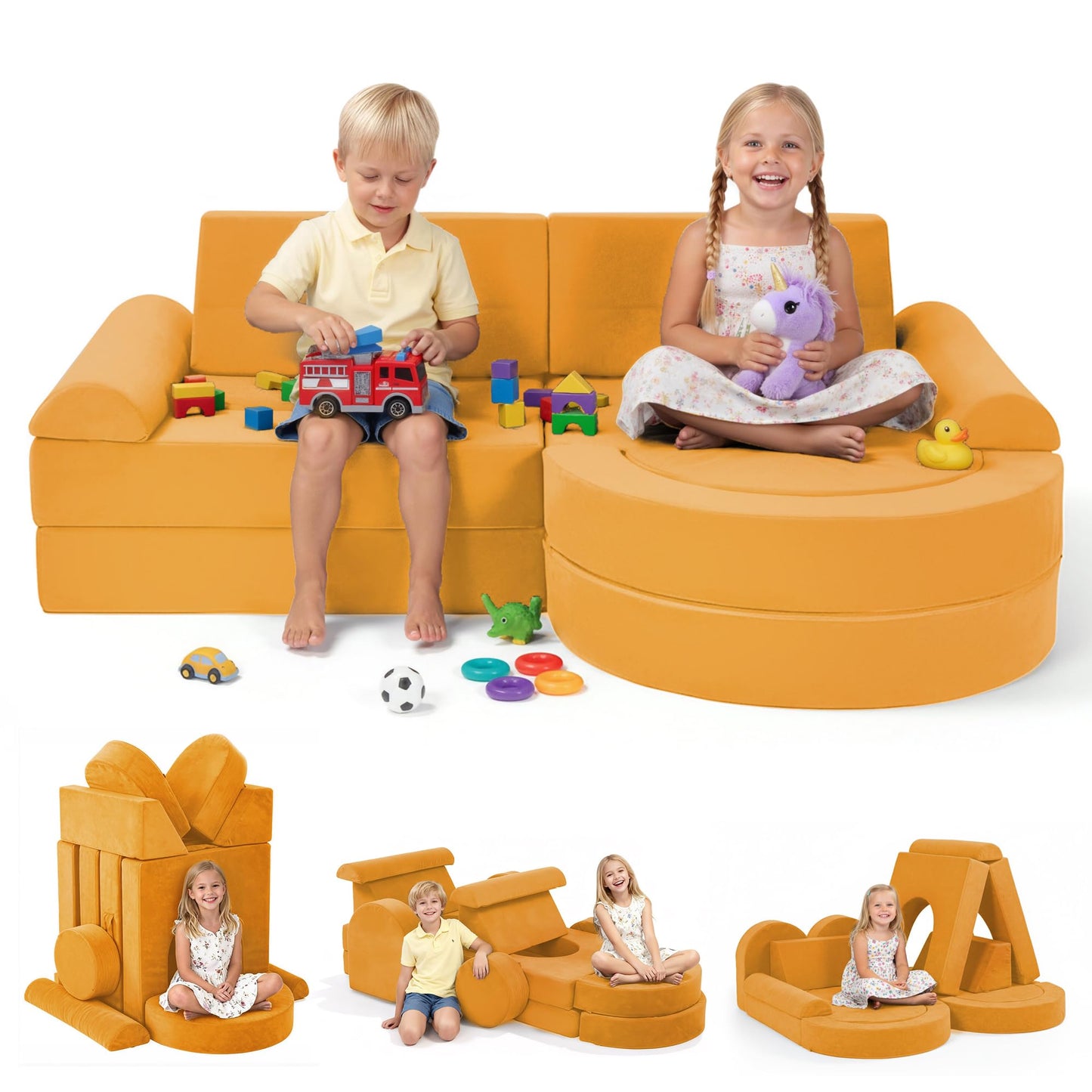 Fvkind 16pcs Modular Kids Play Couch, Creative Kids Couch for Playroom and Bedroom, Modular Toddler Sofa Building Fort, Convertible Foam Sectional Toddler Sofa for Boys and Girls, Yellow