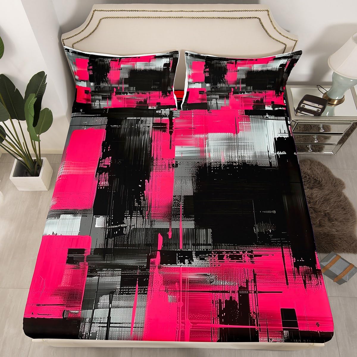 jejeloiu Abstract Bed Sheets Set Twin Size Black and Pink Bed Set Art Aesthetic Deep Pocket Fitted Sheet Geometric Breathable Soft Lightweight Microfiber