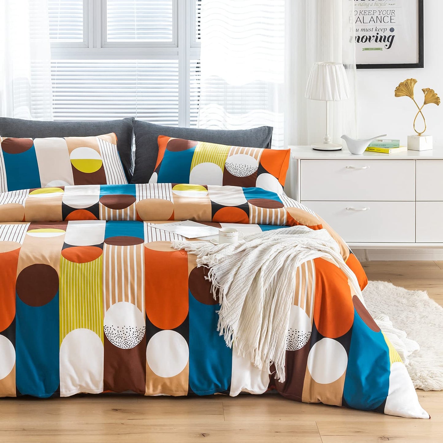 SUSYBAO Geometric Polka Dot Duvet Cover Queen 100% Cotton 3 Pcs Set 1 Brown White Circle Print Duvet Cover with Zipper Ties 2 Pillowcases Orange Blue Striped Bedding Set Soft