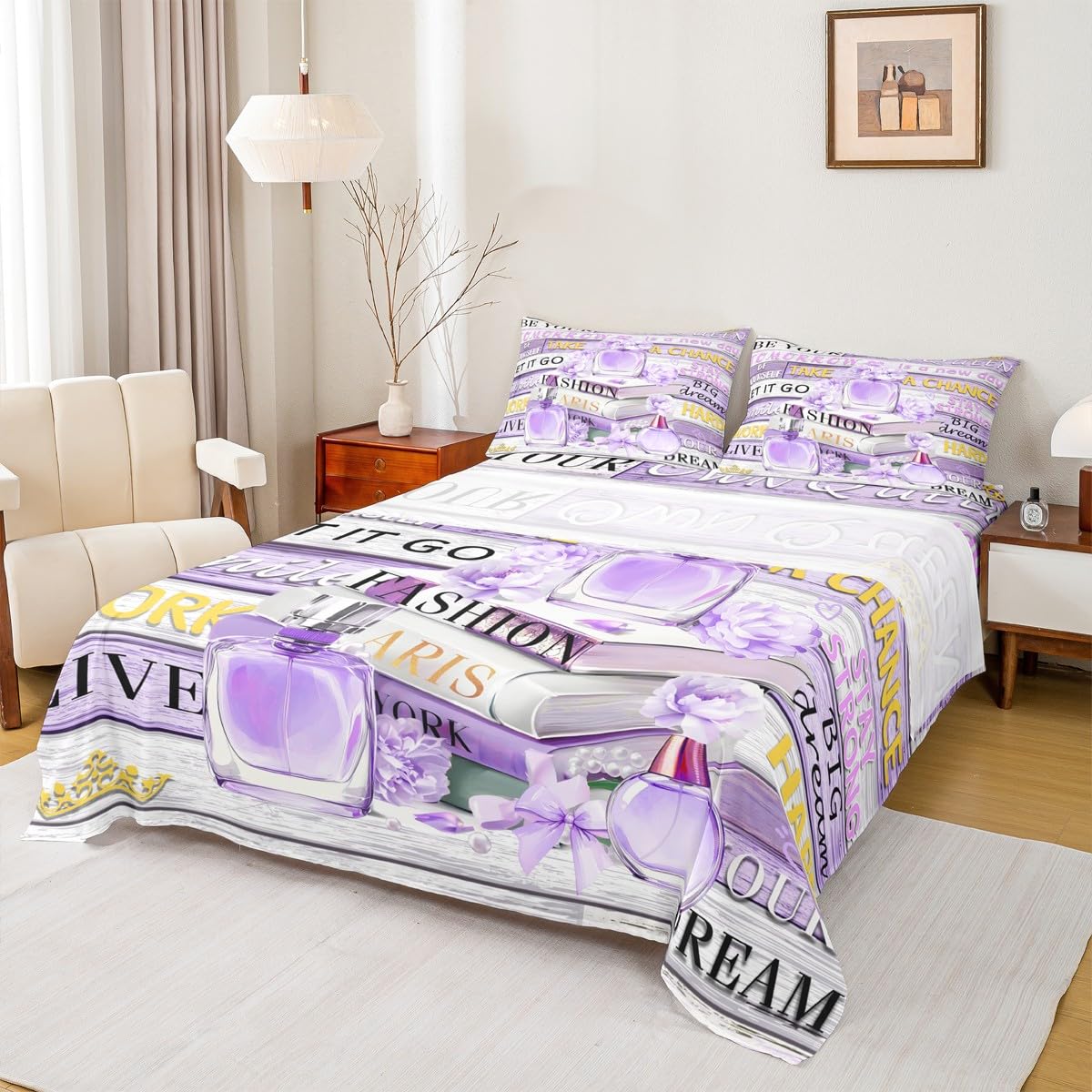 Erosebridal Violet Fashion Sheet Set King for Women Girls Kids Girly Aesthetic Modern Bed Sheets Inspirational Quotes Elegant Coquette Cute Bedding Set Perfume Paris Preppy Pink Purple Bow Sheets