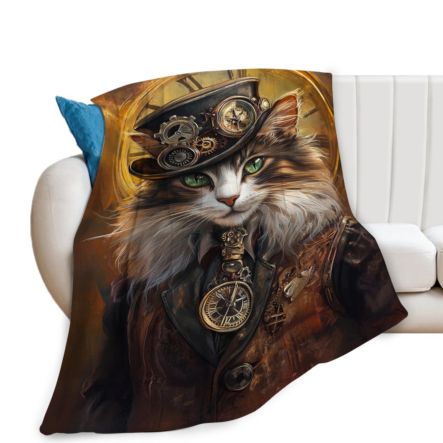 Cat Blanket, Steampunk Throw Blanket, Cats Gifts, Steampunk Blankets, Cats Stuff Fleece Flannel Plush for Women Men Boys Girls Lovers Adults Soft Bedding for Sofa Bed Office Home Decor 40"X50"