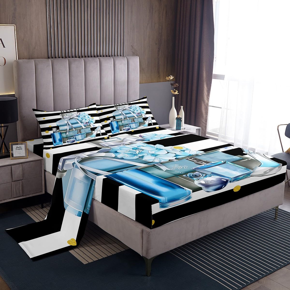 Erosebridal Black and Blue Bed Sheets King Size Fashion Black White Girly Sheet Set for Girl Women Modern Flower Floral Perfume Striped Bedding Set High Heels Magazine Books Sheets