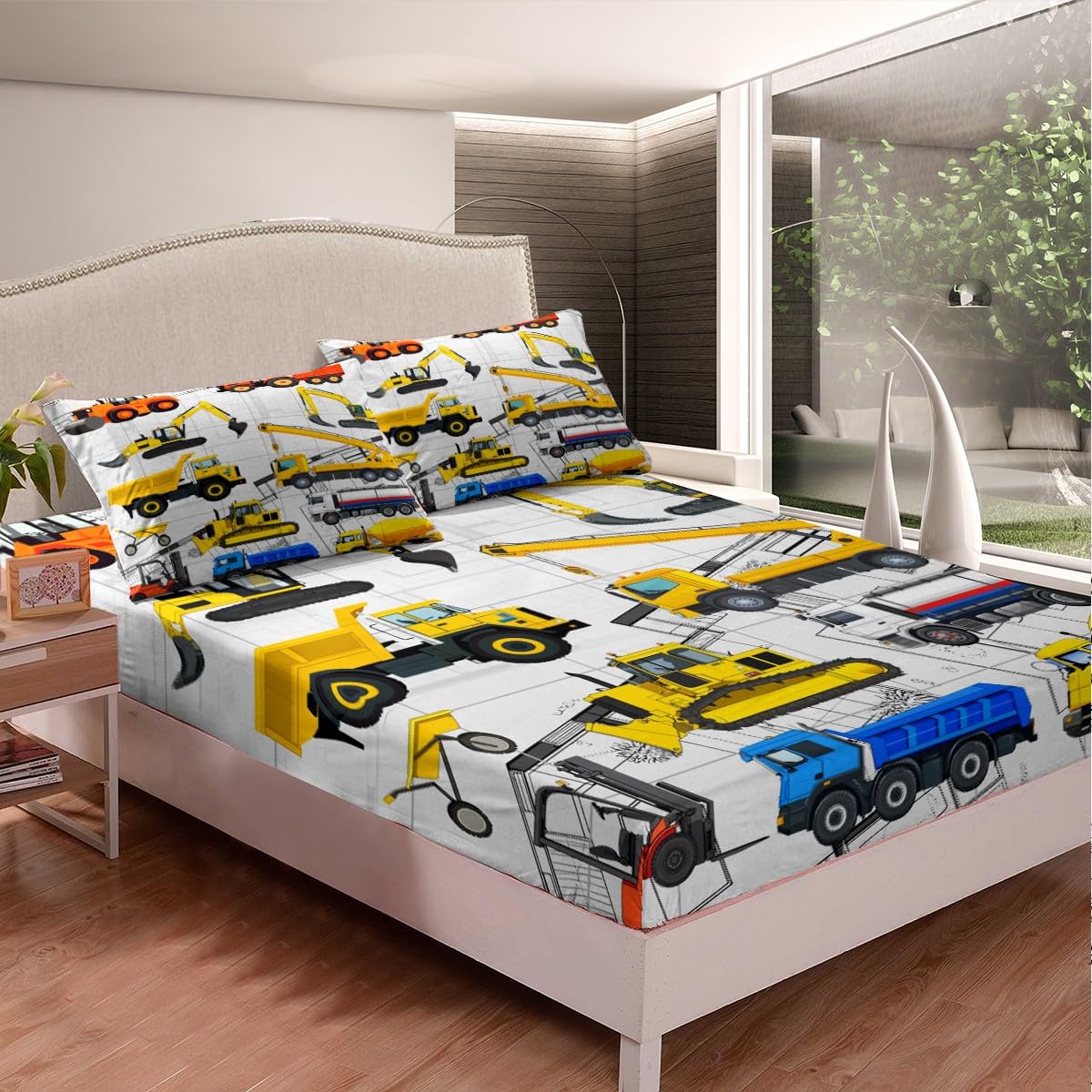 Erosebridal Excavator Bedding Sets Dump Truck Fitted Sheet Twin Size, Cartoom Vehicles Construction Bed Sheet for Boys Teens Child, Kids Car Theme Bedroom Decor Yellow Red Blue