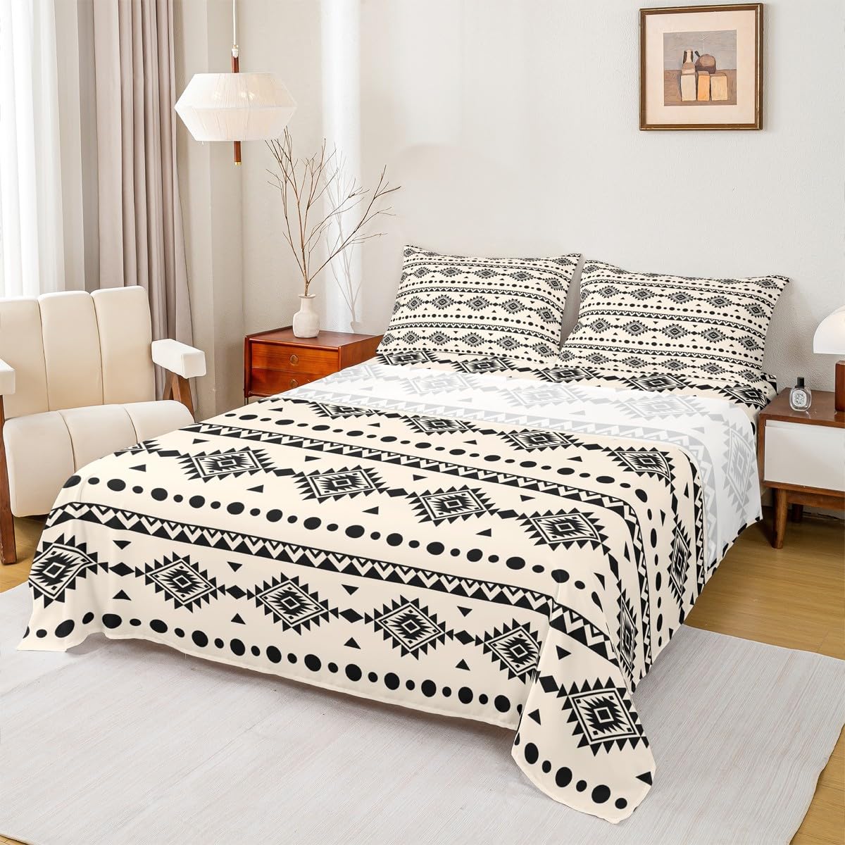 Erosebridal Bohemian Aztec Bed Sheets Set Full Size, Western Decor Flat Fitted Sheet for Boys Girls Women Men Bedroom, Exotic Tribal Bedding Set, Geometric Southwestern Farmhouse Bed Sets
