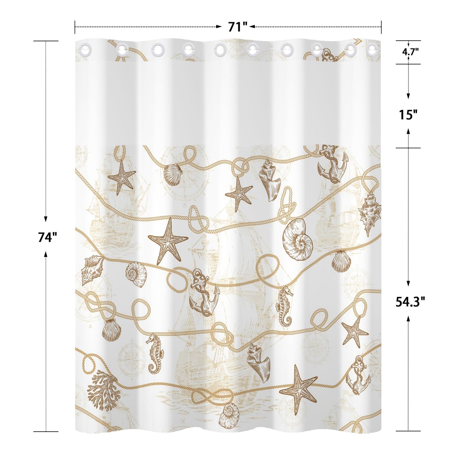 Xiazhilaio No Hook Ocean Shower Curtain with Snap in Liner 71W x 74H