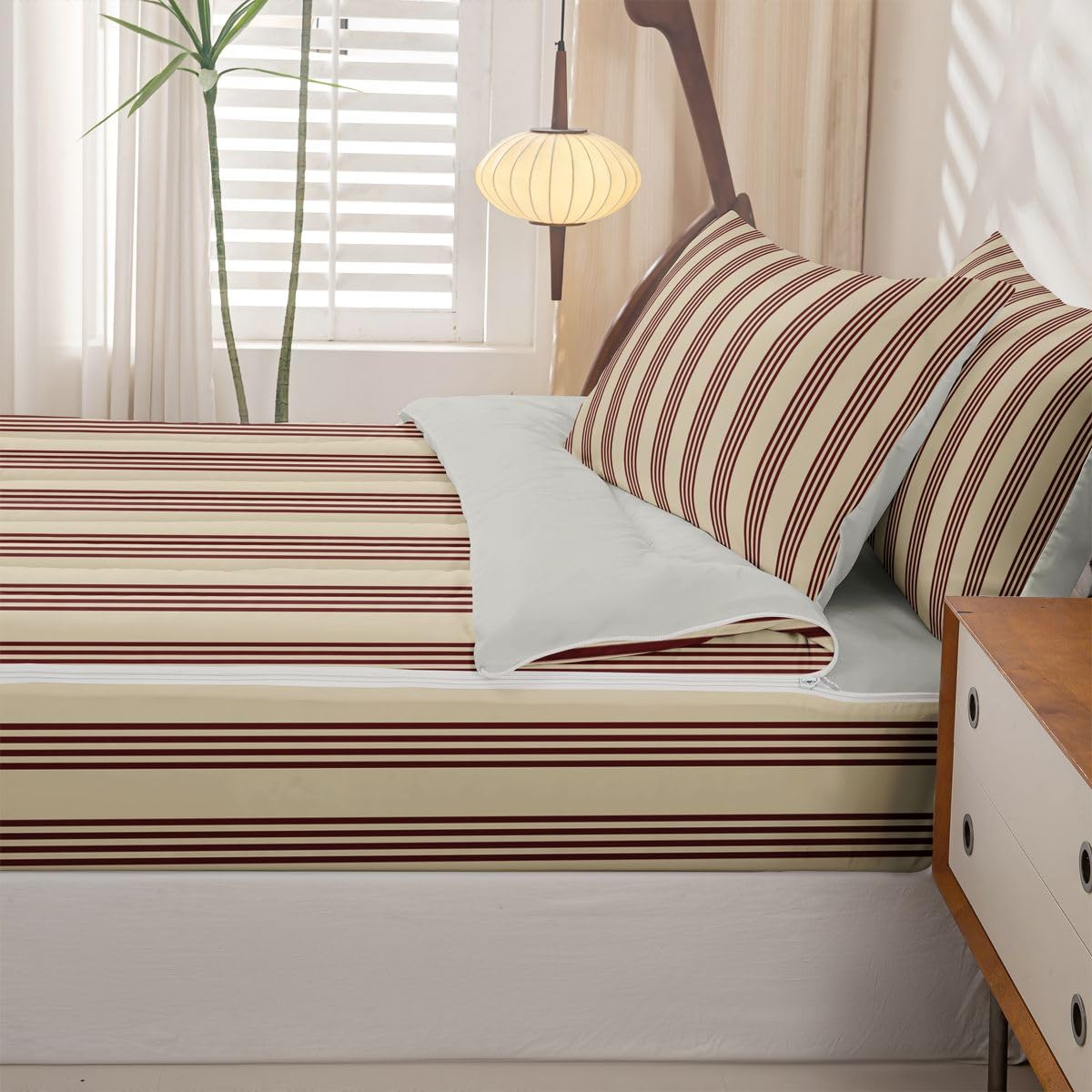 Feelyou Stripes Comforter Set Geometric Zipper Bedding Queen Luxury Boys Girls Comforter Set with Fitted Sheet and Pillowcases Bed Sheet Sets with Fitted Pillowcases for Bedroom Bed Decor