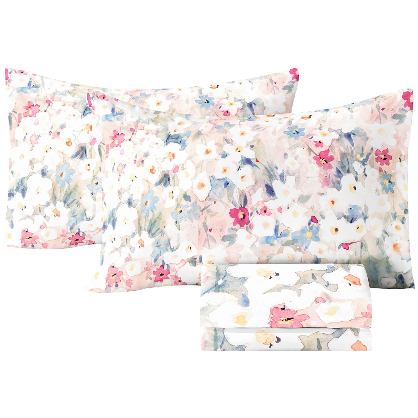 HCORA Floral Queen Sheet Set, Luxury 1800TC Hotel Quality Double Brushed Microfiber Deep Pocket Bed Sheets, Ultra Soft, Breathable and Cooling, 4PC, Queen Size