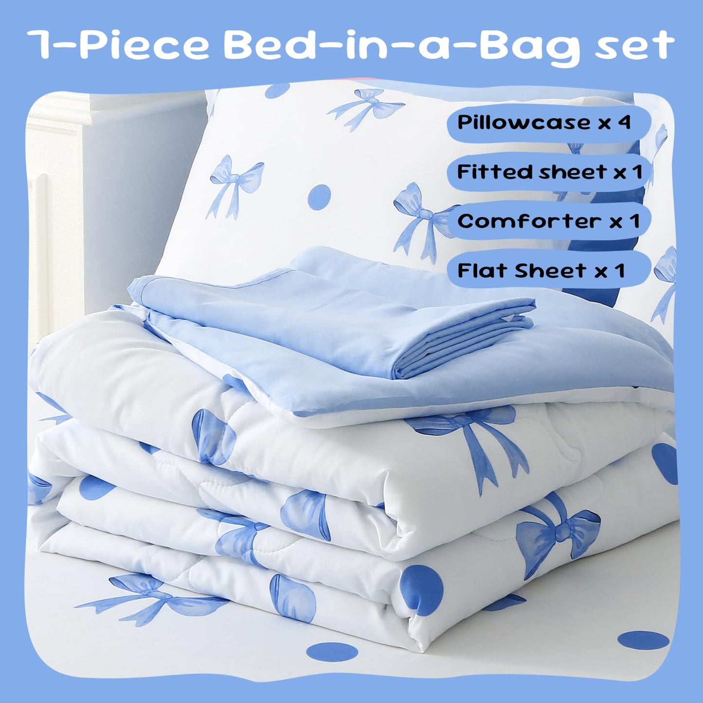 Wajade 7 Piece Blue Bow Comforter Set for Girls Kids Queen Size Bedding Set with Sheet and 2 Pillowcases 2 Pillow Shams Cute Girls Bed in a Bag as Birthday Choice