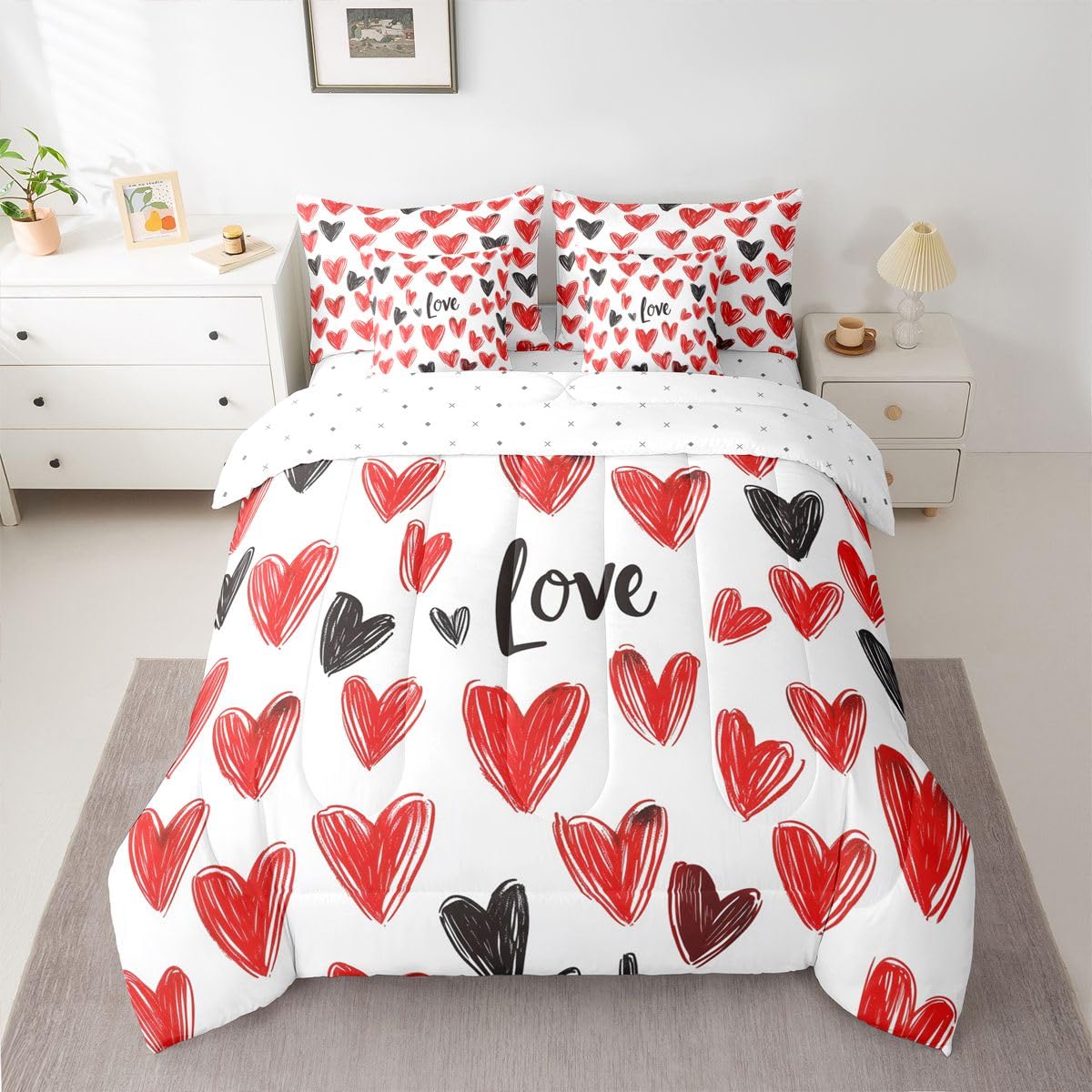 Erosebridal Couple Love Comforter Sets with Sheets - Red and Black Love Hearts Bedding Set Full for Boys Girls Romantic Gifts 7Pcs Bed in A Bag Valentines Day Bed Set