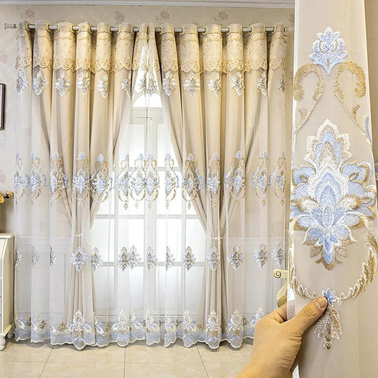 Amidoudou 1 Pair European Double Layer Curtains with Valances for Living Room Luxury Jacquard Curtains for Bedroom (Beige,54x90 Inch)