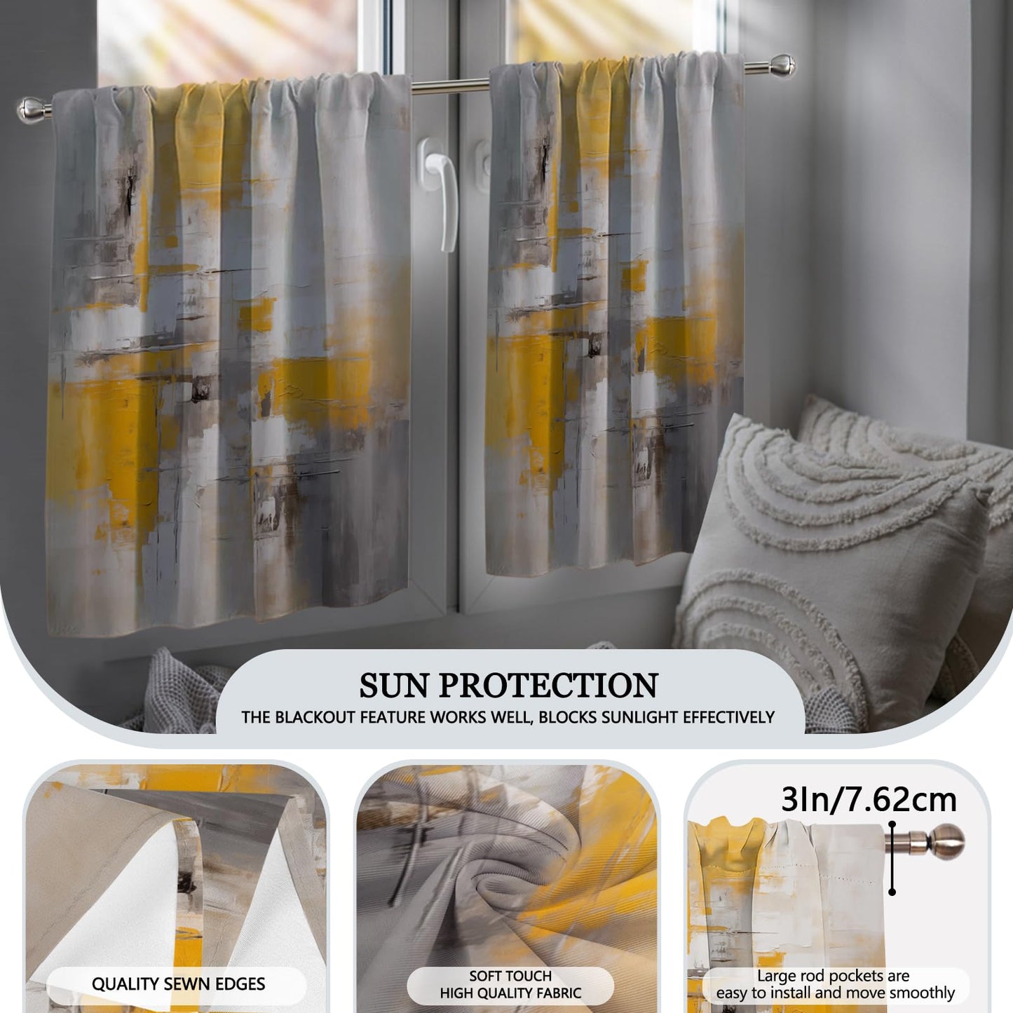 KINUUIS Yellow Brown Blackout Kitchen Window Tier Curtains and Valance Set, 52 x 36 Inch Abstract Art Window Curtains Set with Rod Pocket for Small Windows, Living Room or Bathroom